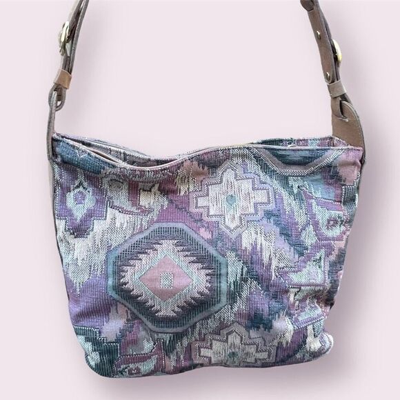 Vintage Tapestry Carpet Large Crossbody Tote Bag, Leather Lined Divided Section - Picture 2 of 16